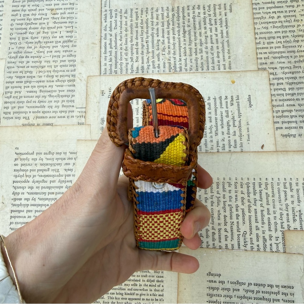 Woven Multicolor Leather-Trim Belt; Bohemian Flare Leather Belt